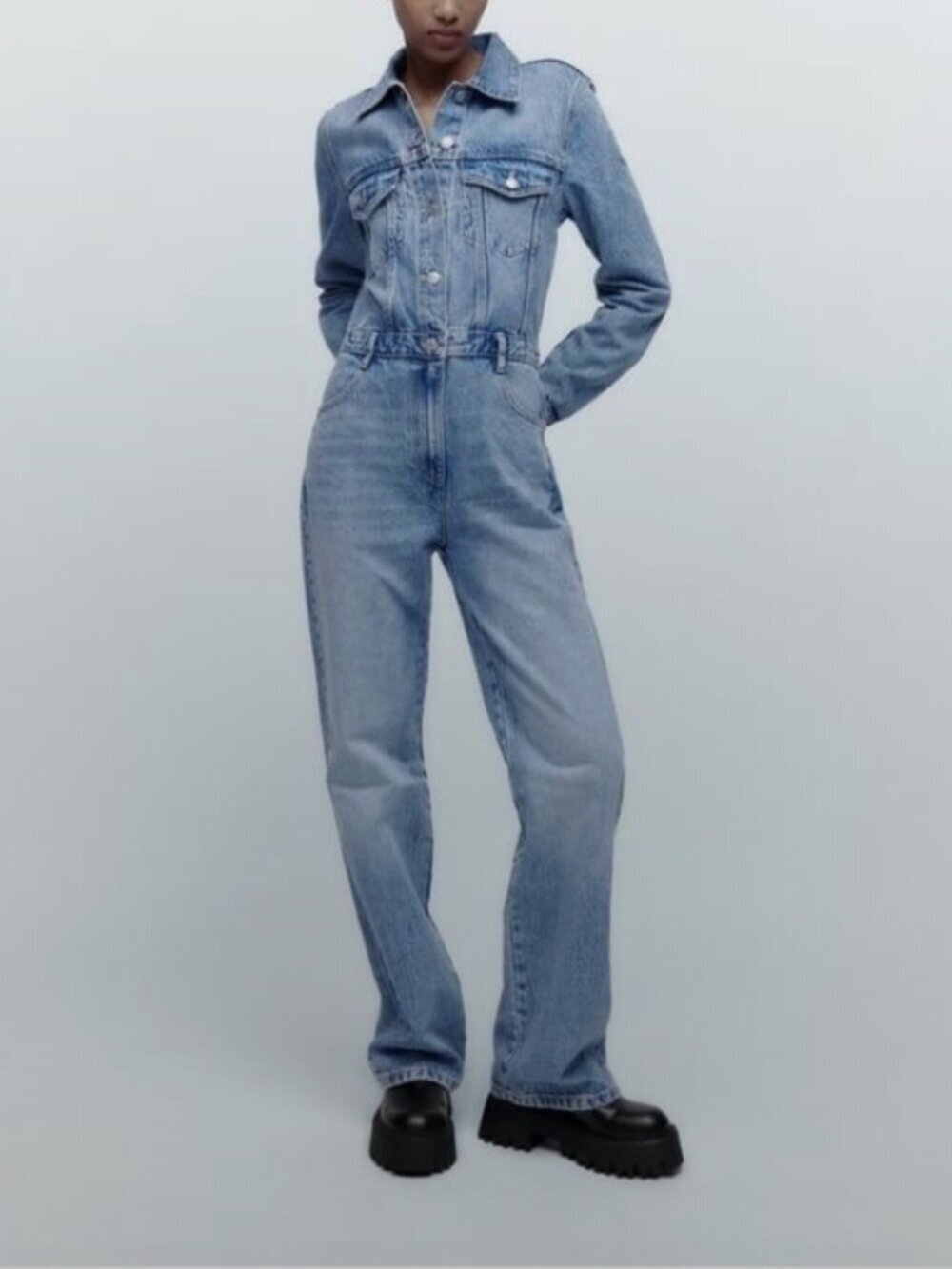 Zara Denim Utility Jumpsuit NWT Button Front Size S Blue Cotton One Piece